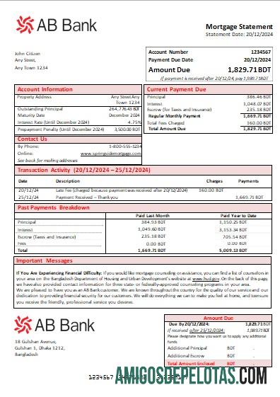 Declaração de hipoteca do banco AB de Bangladesh Scr amostra